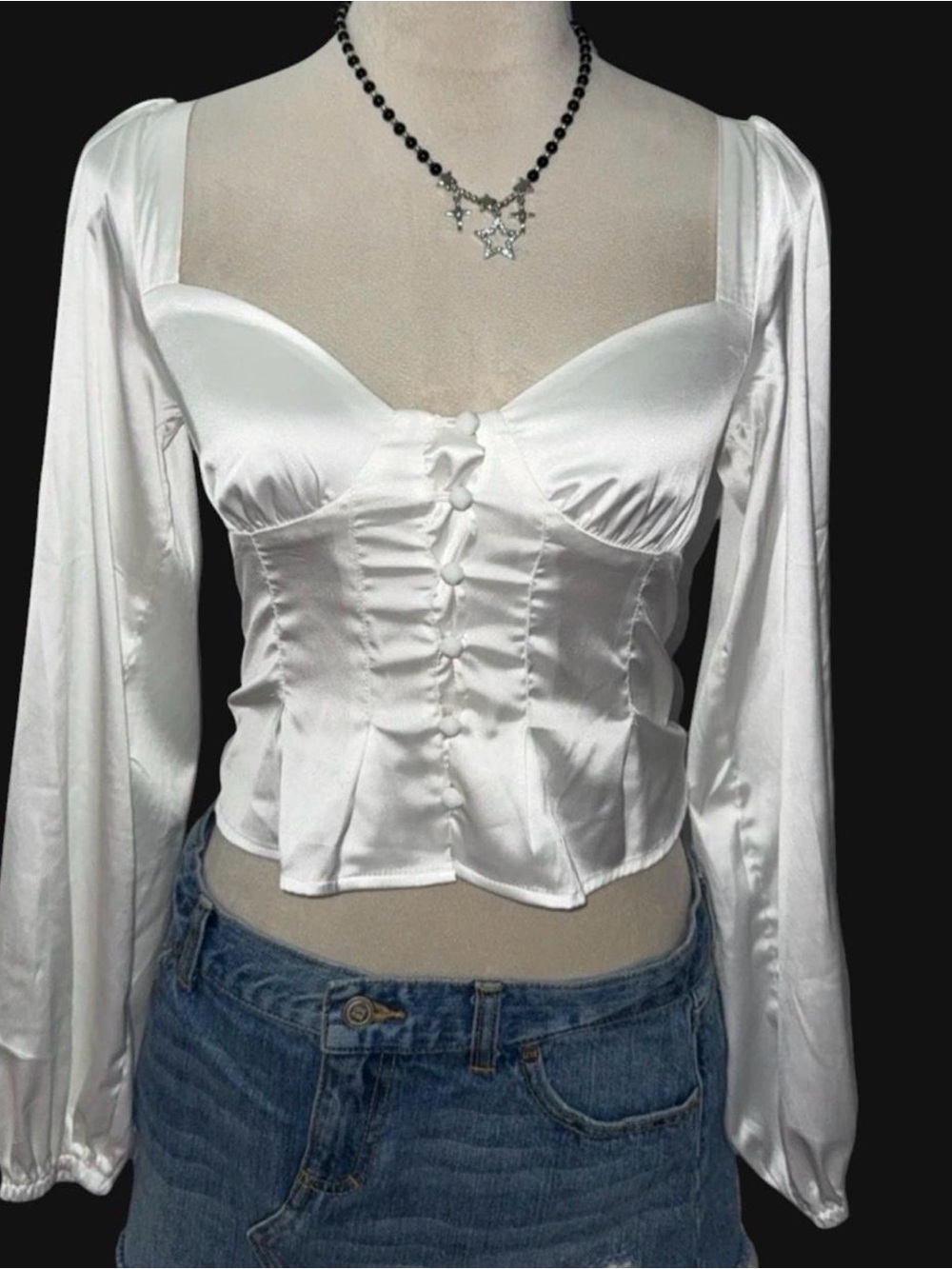 Princess Polly White Satin Corset Blouse with Long Sleeves
